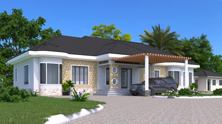 Modern Bungalow Render With Circular Windows And Carport YHDR Builders Uganda Ltd - YHDR Builders Co. Limited