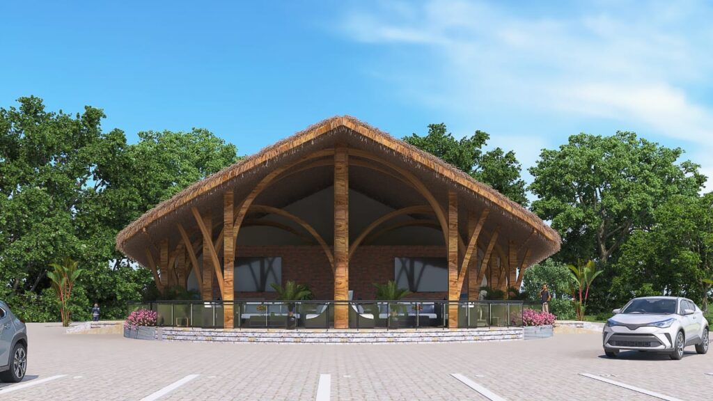 Thatched Pavilion Render With Arched Wood Beams And Cars YHDR Builders Uganda Ltd - YHDR Builders Co. Limited
