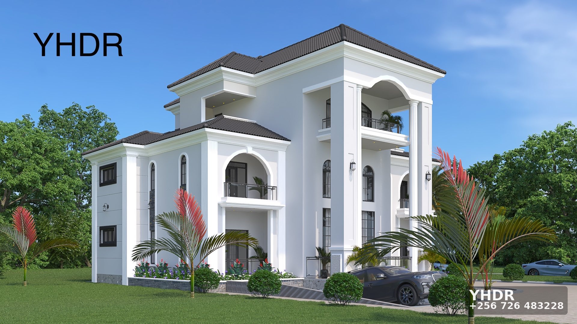 A 3D render of a White mansion made by YHDR Builders Uganda. The top architectural company in Uganda.